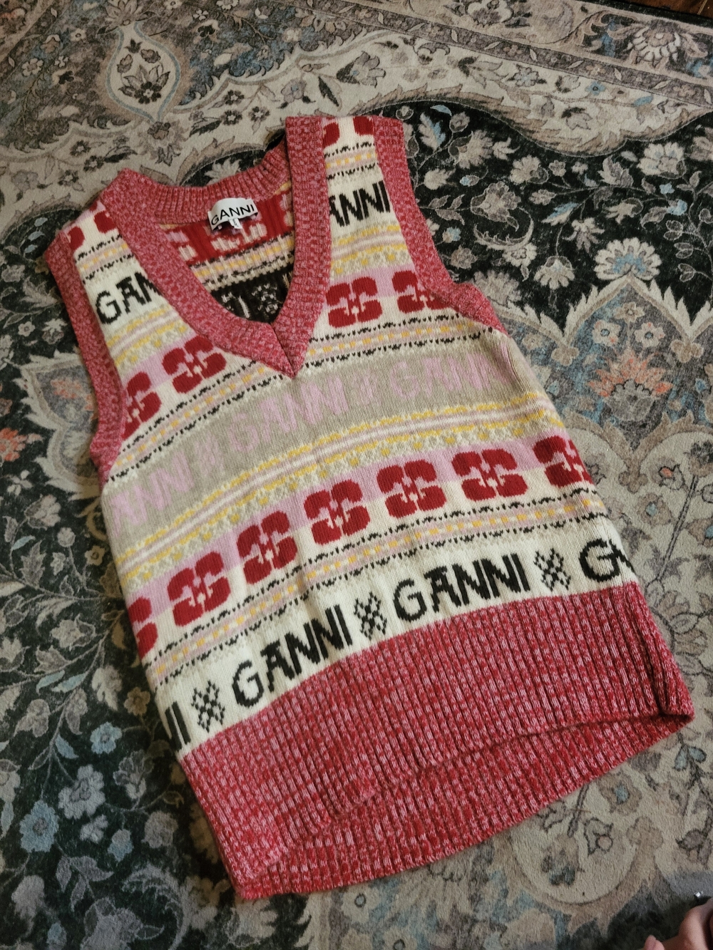 Ganni Red and Pink Patterned Knit Sweater Vest